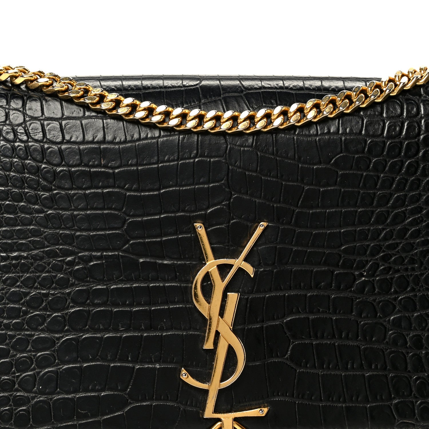 Calfskin Crocodile Embossed Medium Classic Monogram Kate Tassel Satchel Black