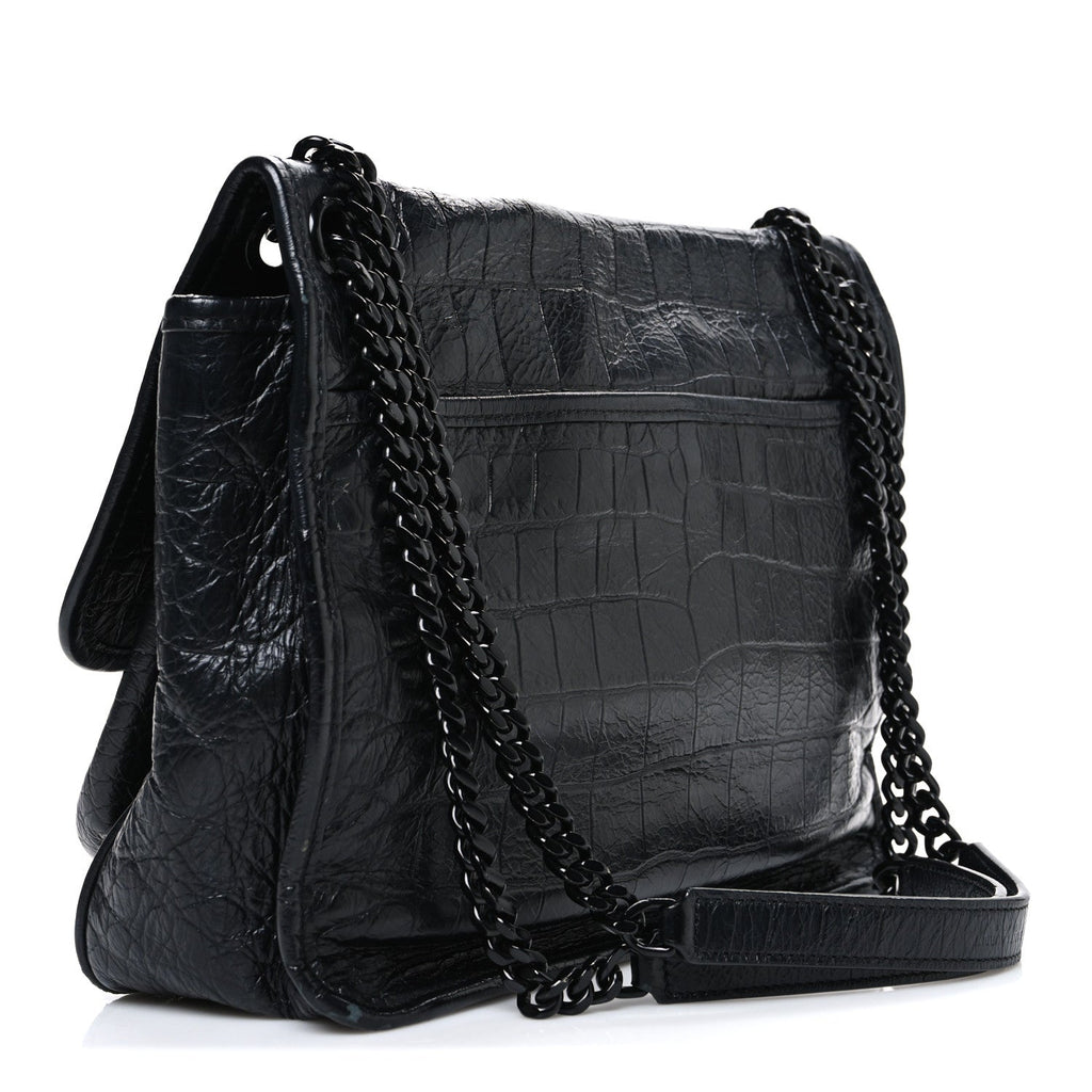 Crocodile Embossed Lambskin Monogram Medium Niki Chain Satchel Black