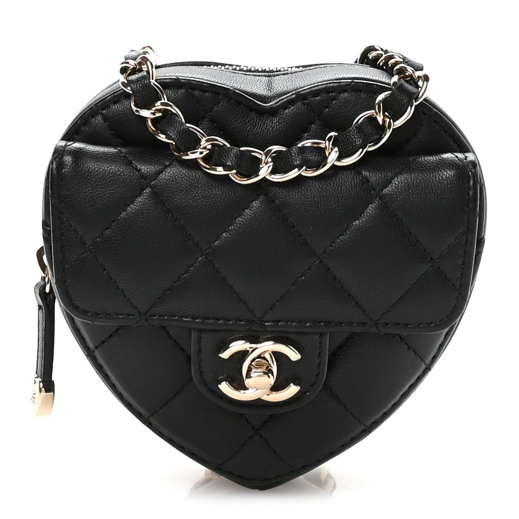 Lambskin Quilted CC In Love Heart Waist Belt Bag With Chain Black