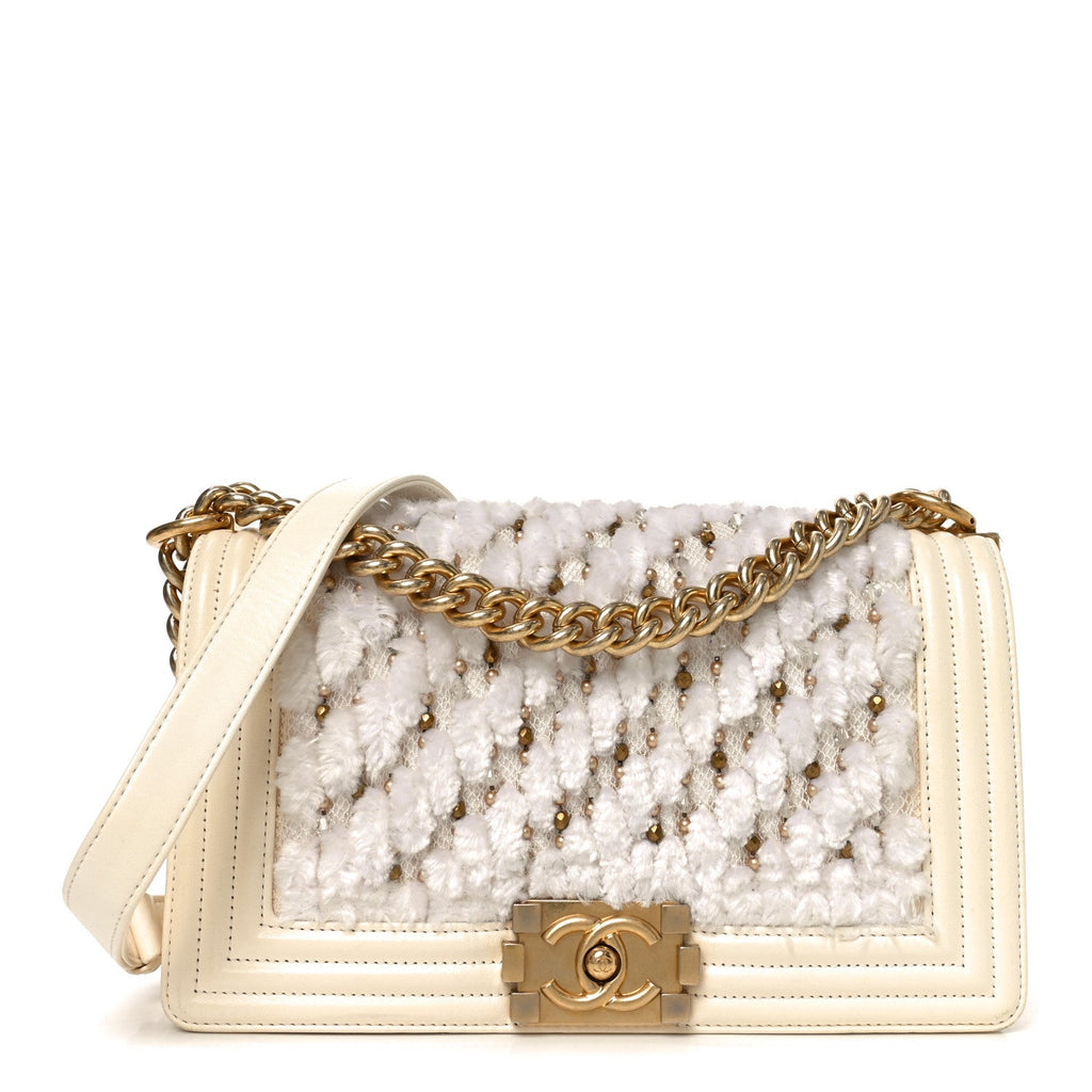 Lambskin Tulle Embroidered Medium Boy Flap White
