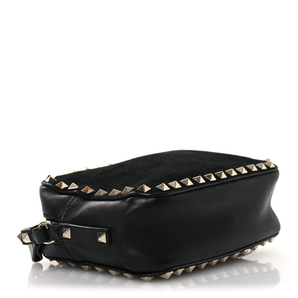 Calfskin Suede Rockstud Camera Crossbody Bag Black