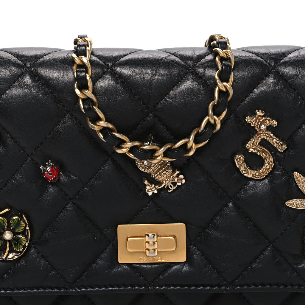Aged Calfskin Lucky Charms 2.55 Reissue Wallet on Chain WOC Black