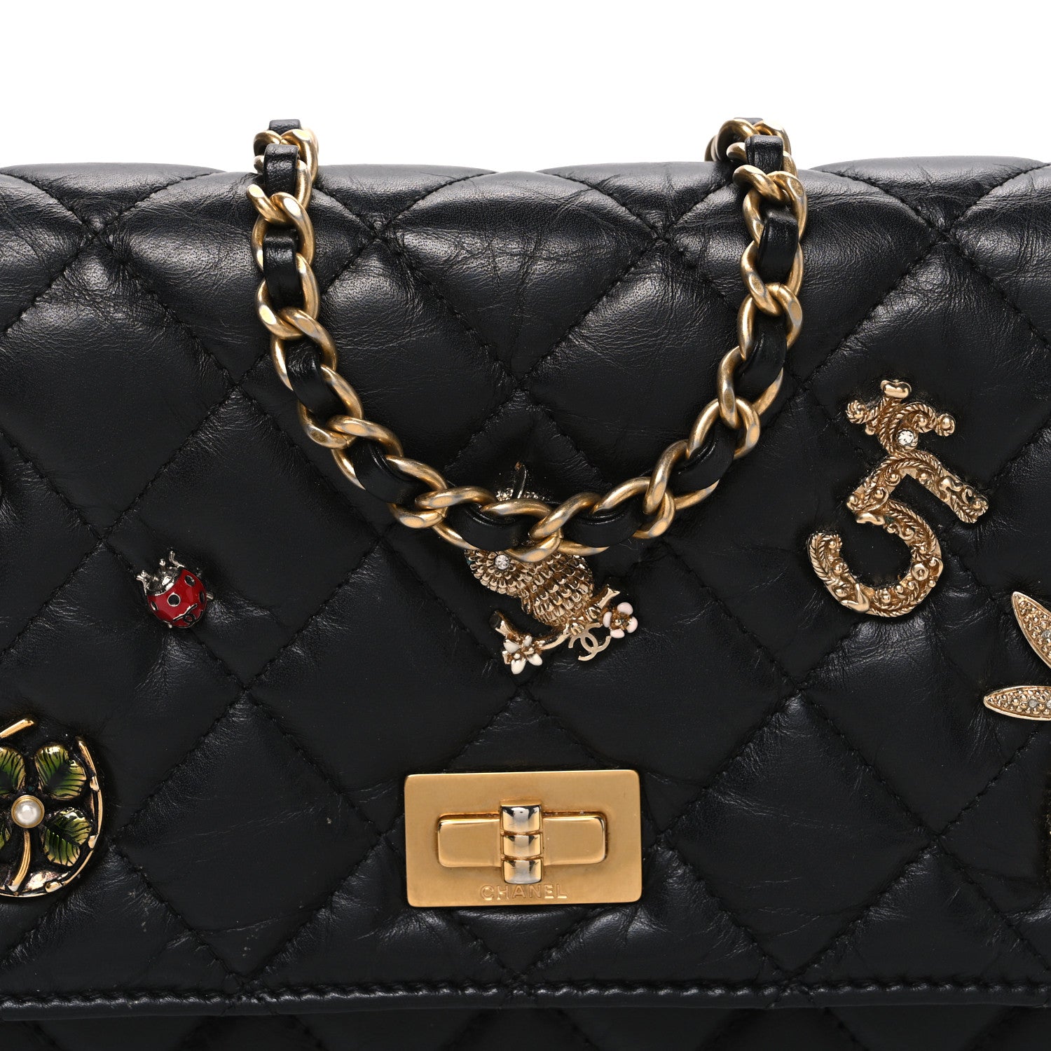 Aged Calfskin Lucky Charms 2.55 Reissue Wallet on Chain WOC Black