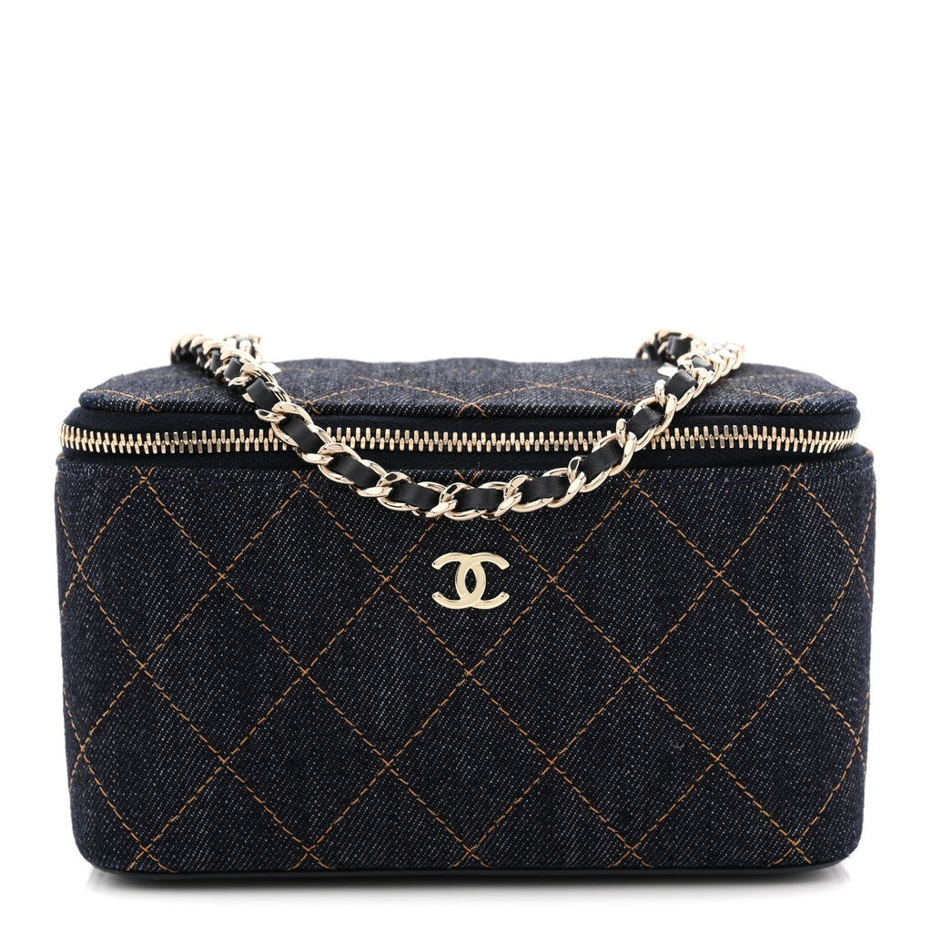 Denim Quilted Vanity Case With Chain Dark Blue