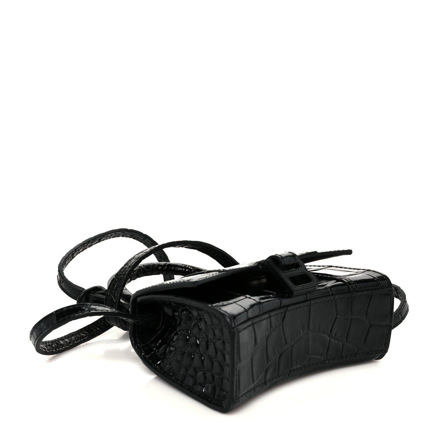 Shiny Calfskin Monochrome Crocodile Embossed Hourglass Top Handle Bag Mini Black