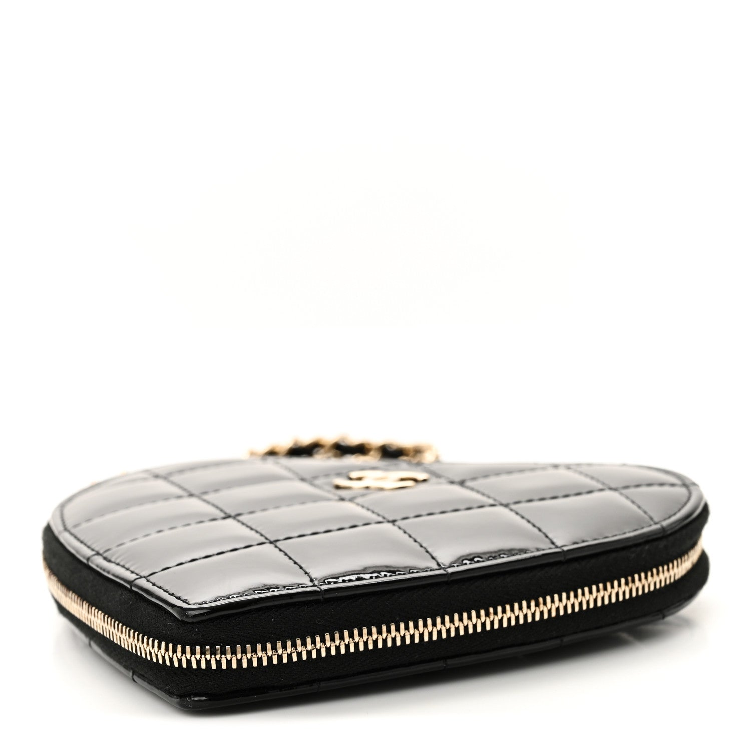 Patent Calfskin Resin Quilted CC Heart Clutch With Chain Black