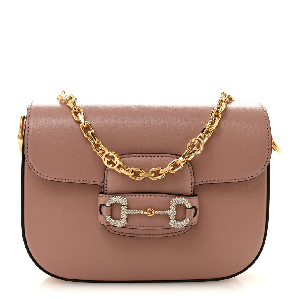 Azalea Calfskin Crystal GG Monogram Mini Horsebit 1955 Shoulder Bag Dusty Rose