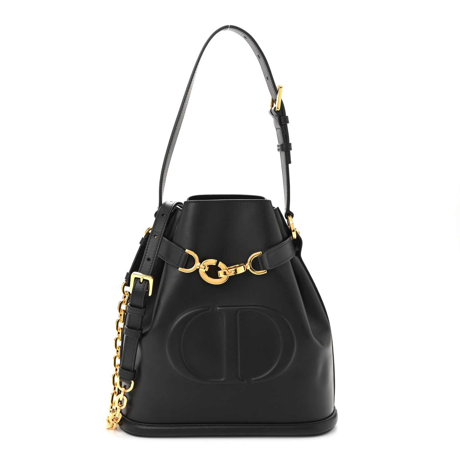 Calfskin CD Embossed Medium C'est Chain Bucket Bag Black