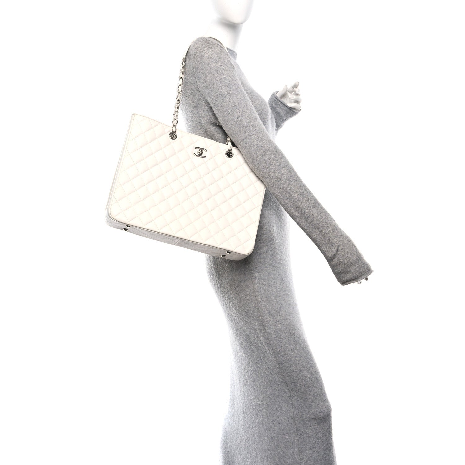 Calfskin Quilted Large Classic Shopping Tote White
