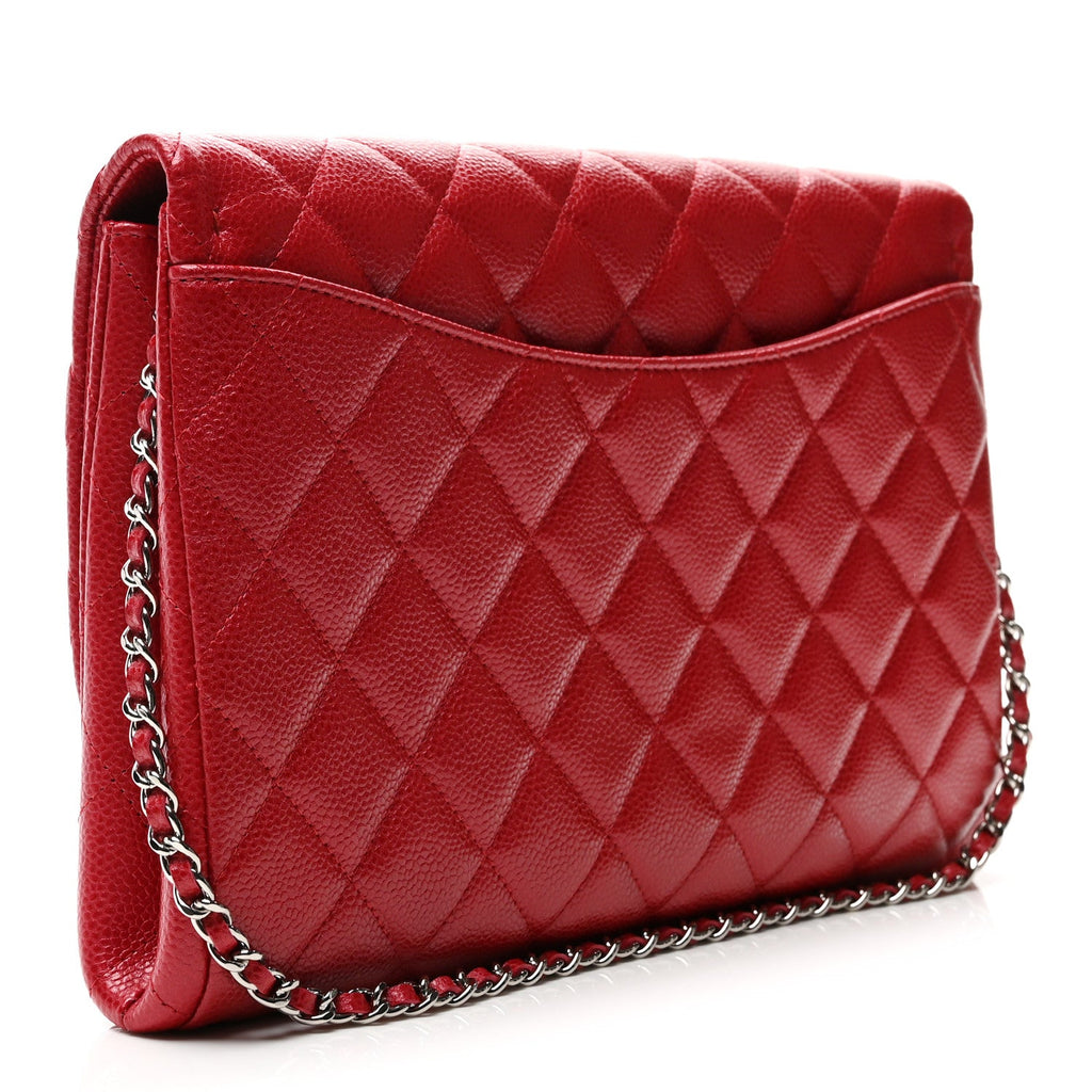 Iridescent Caviar Quilted Clutch With Chain Flap Red