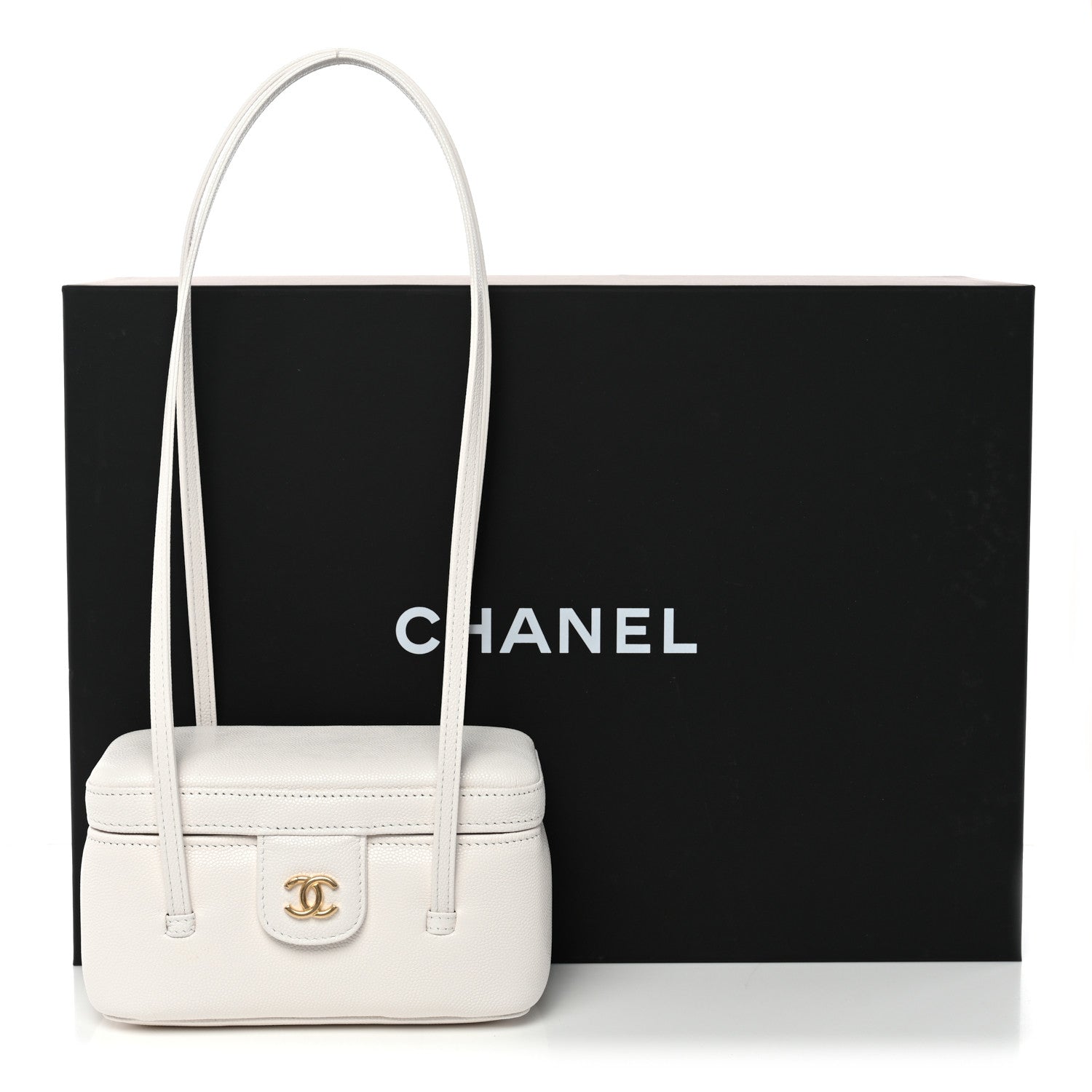 Shiny Caviar Preppy Coco Long Vanity With Strap White