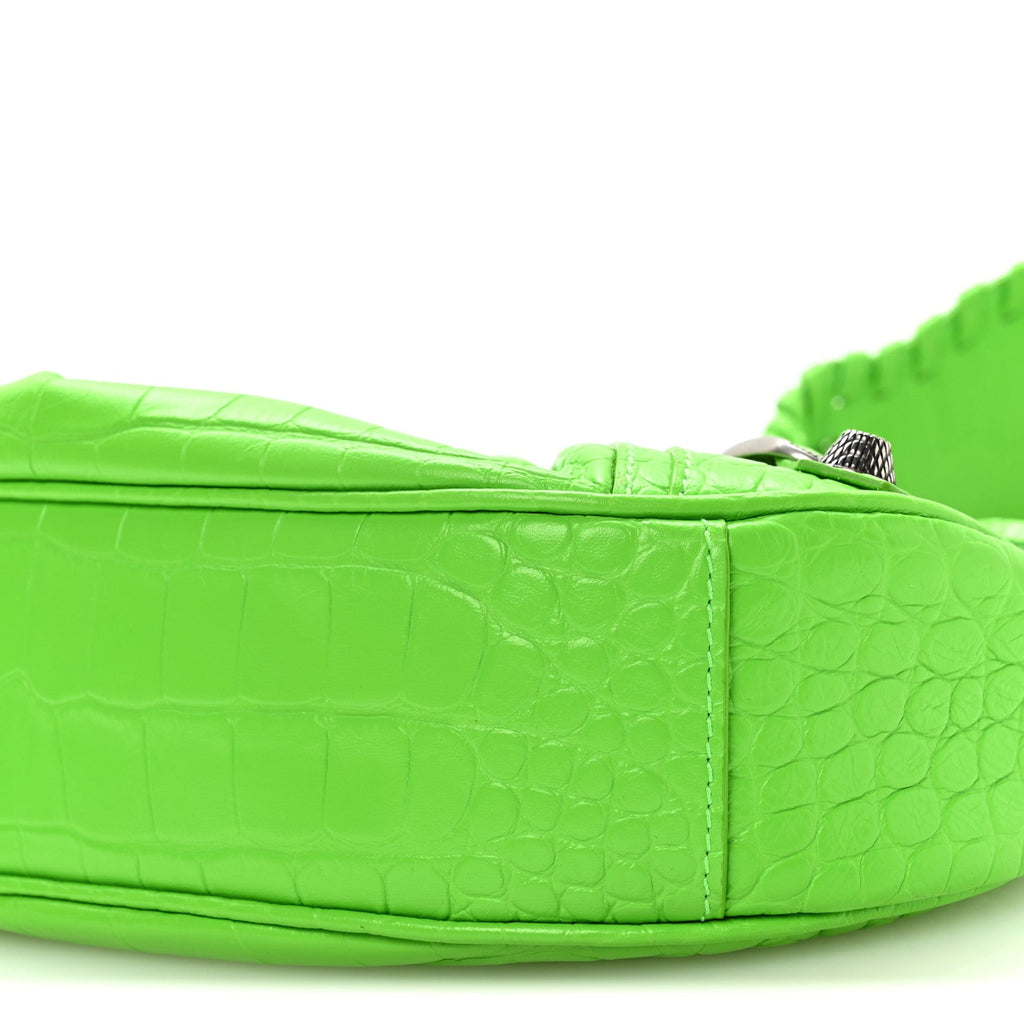 Extra Supple Calfskin Crocodile Embossed Le Cagole Shoulder Bag XS Acid Green