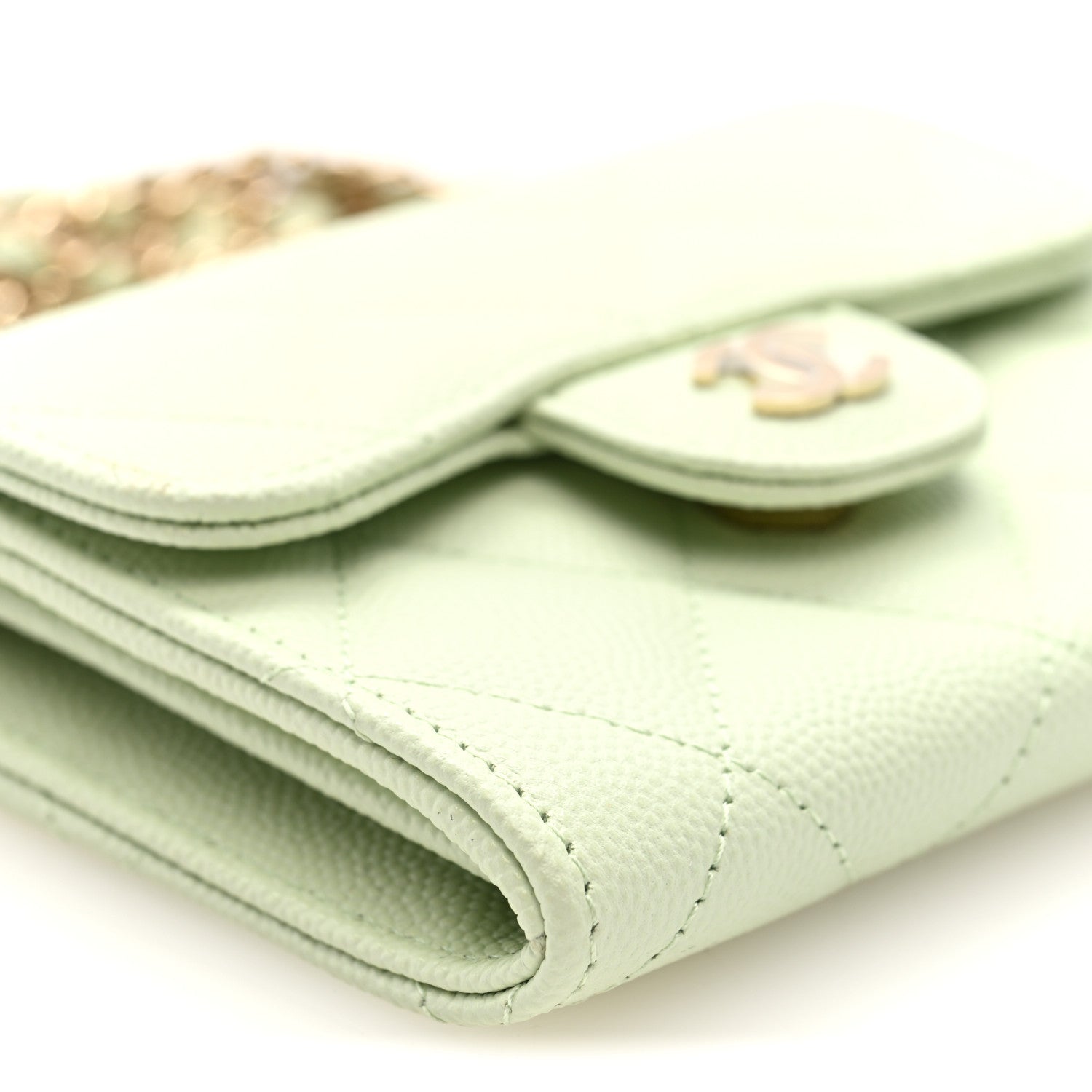 Caviar Quilted Flap  Holder On Chain Light Green