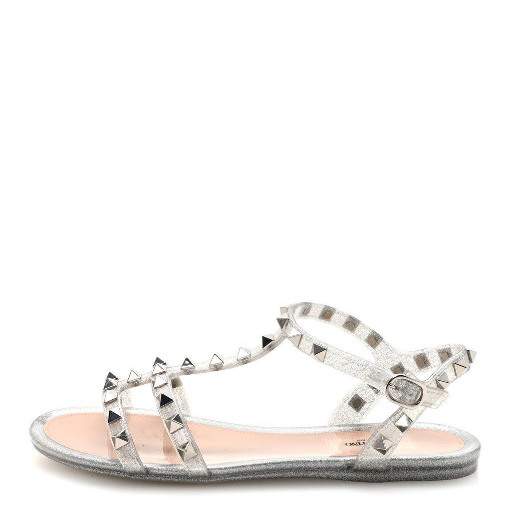 PVC Jelly Glitter Rockstud Caged Flat Thong Sandals 36 Silver