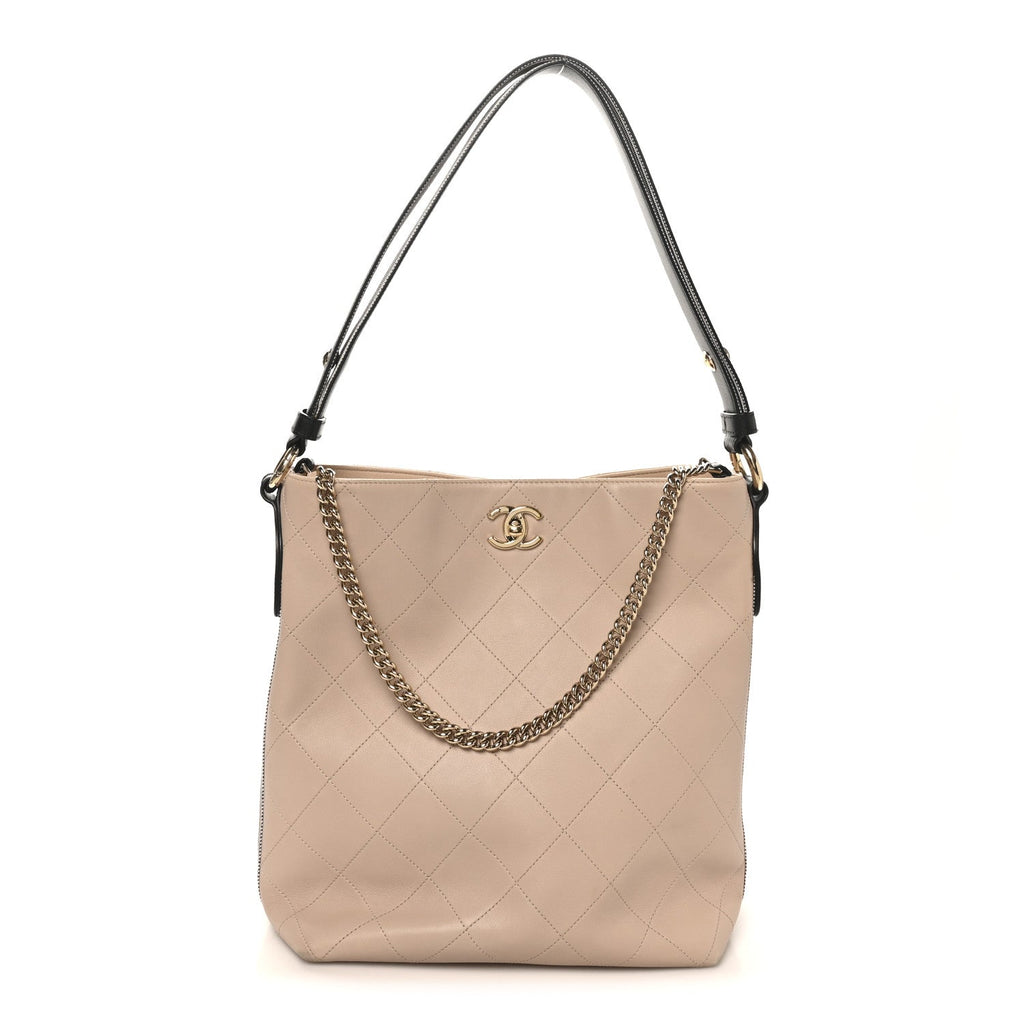 Calfskin Stitched Large Stripe Hobo Beige Black