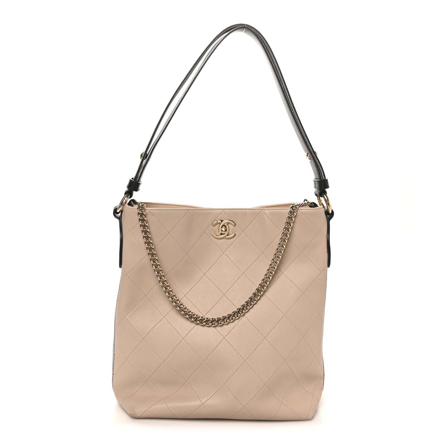 Calfskin Stitched Large Stripe Hobo Beige Black