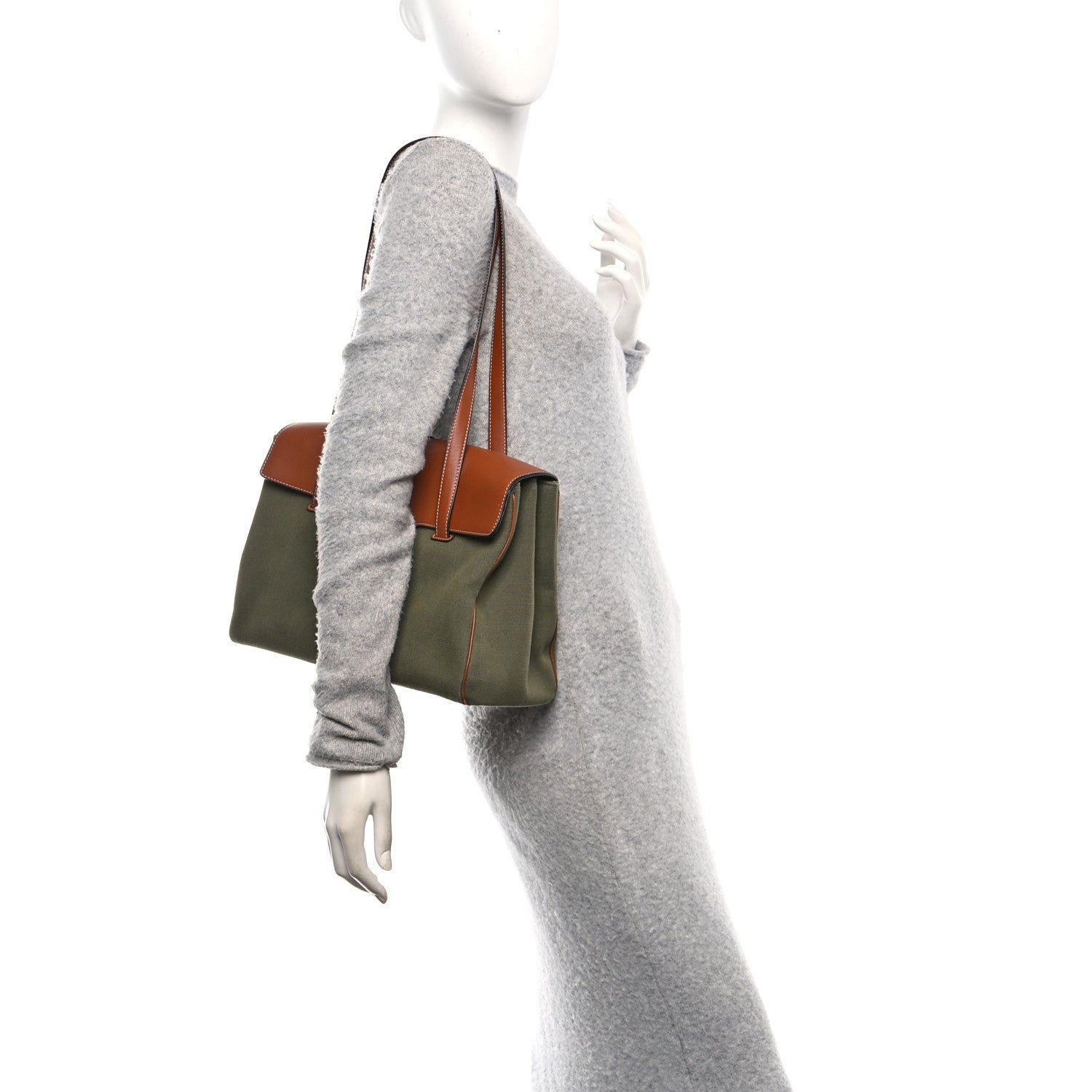 Canvas Calfskin Medium Soft 16 Top Handle Bag Khaki Tan