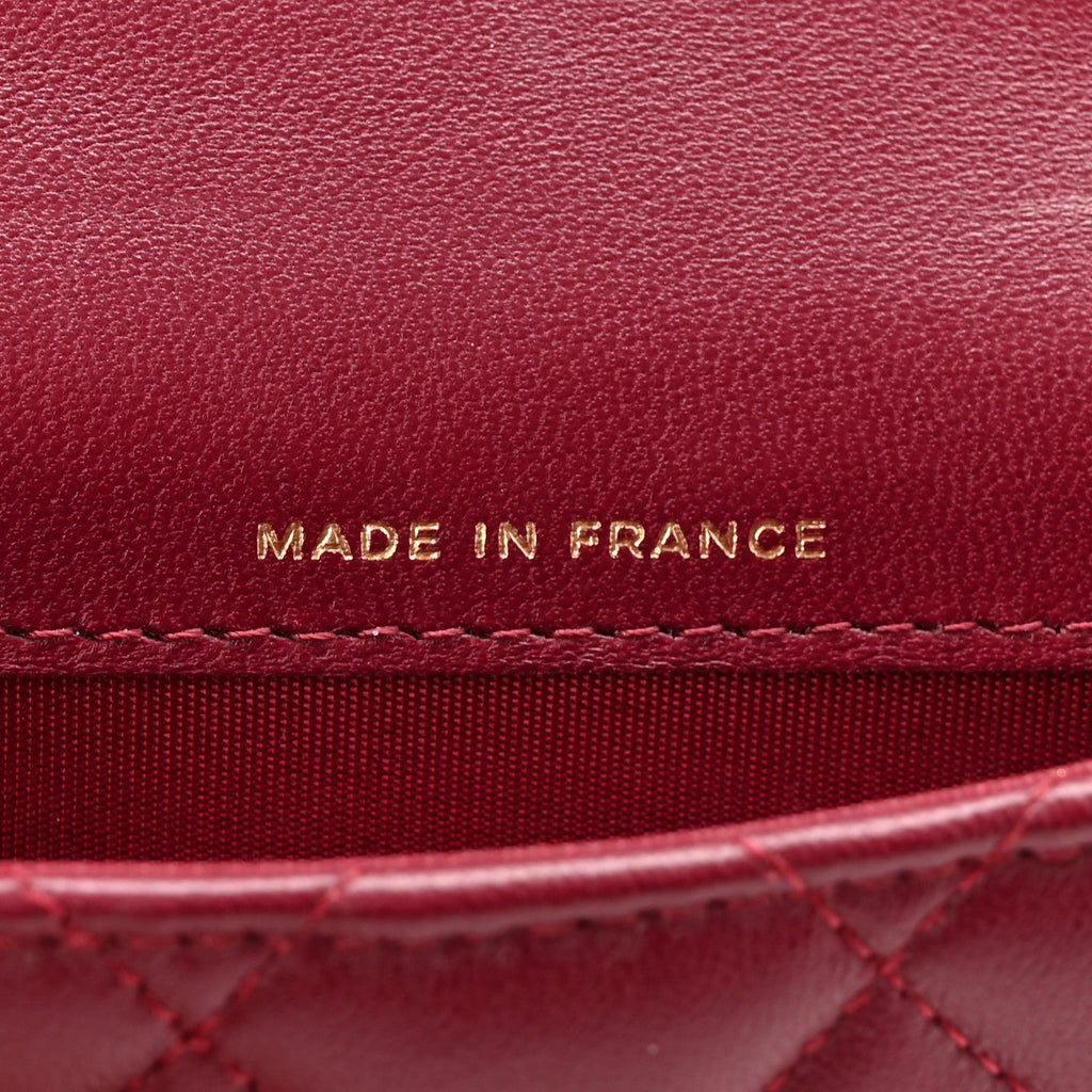 Lambskin Quilted Top Handle Flap Coin Purse With Chain Burgundy