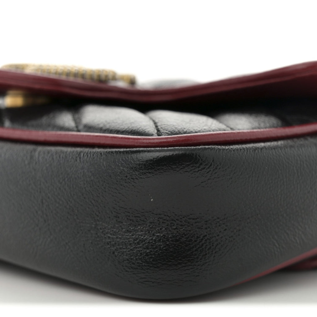 Vintage Effect Calfskin Matelasse Diagonal Super Mini Torchon GG Marmont Shoulder Bag Black Romantic Cherry