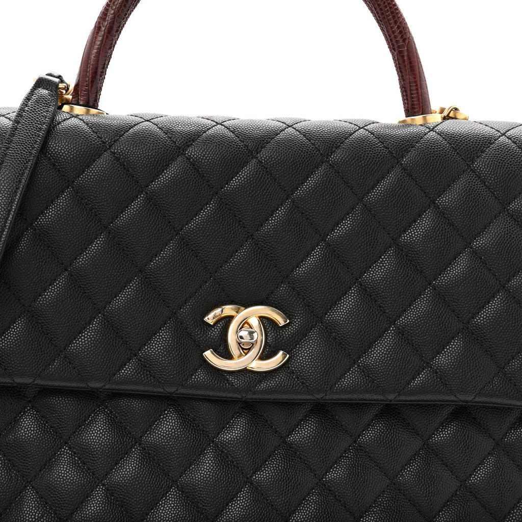 Caviar Lizard Quilted Large Coco Handle Flap Black