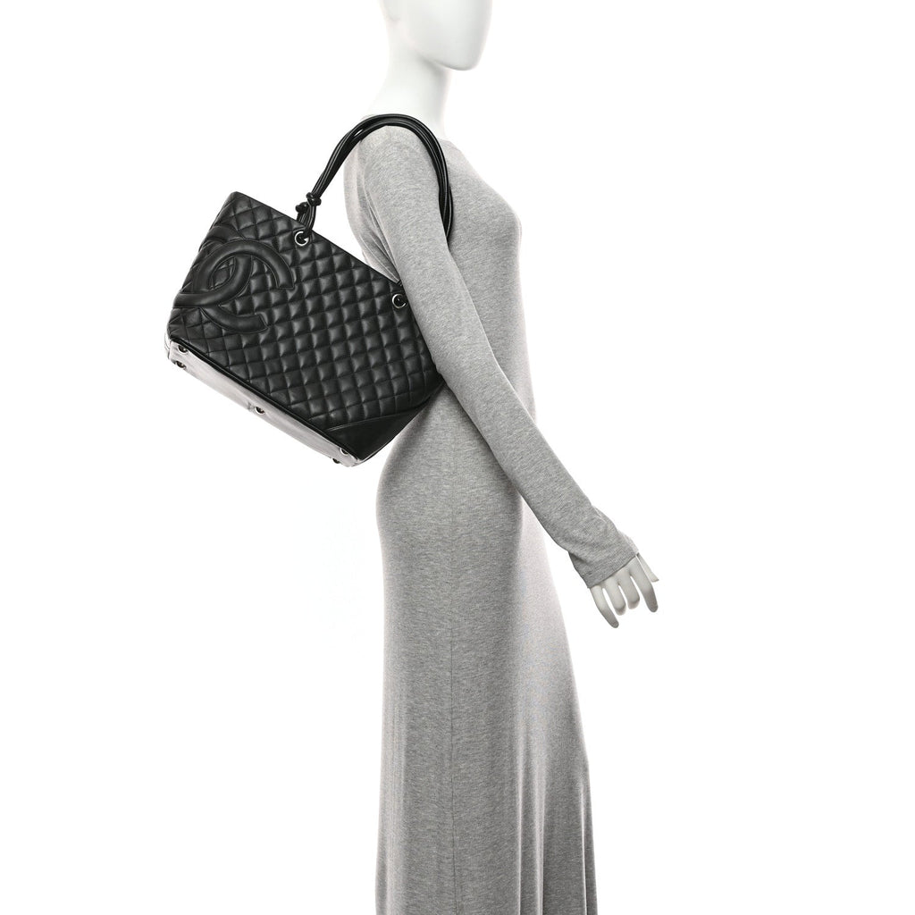 Calfskin Quilted Large Cambon Tote Black