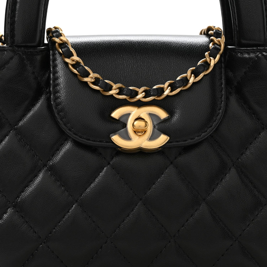 Shiny Aged Calfskin Quilted Nano Kelly Shopper Black