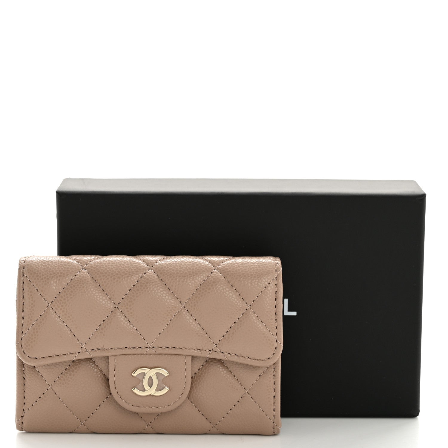 Caviar Quilted Flap  Holder Wallet Dark Beige