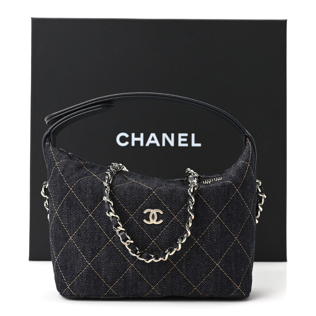 Denim Quilted Hobo Clutch With Chain Dark Blue Orange