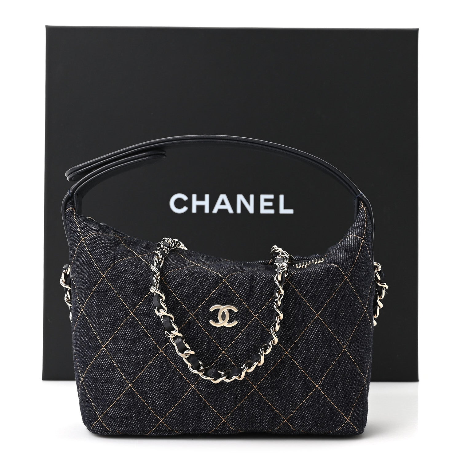 Denim Quilted Hobo Clutch With Chain Dark Blue Orange