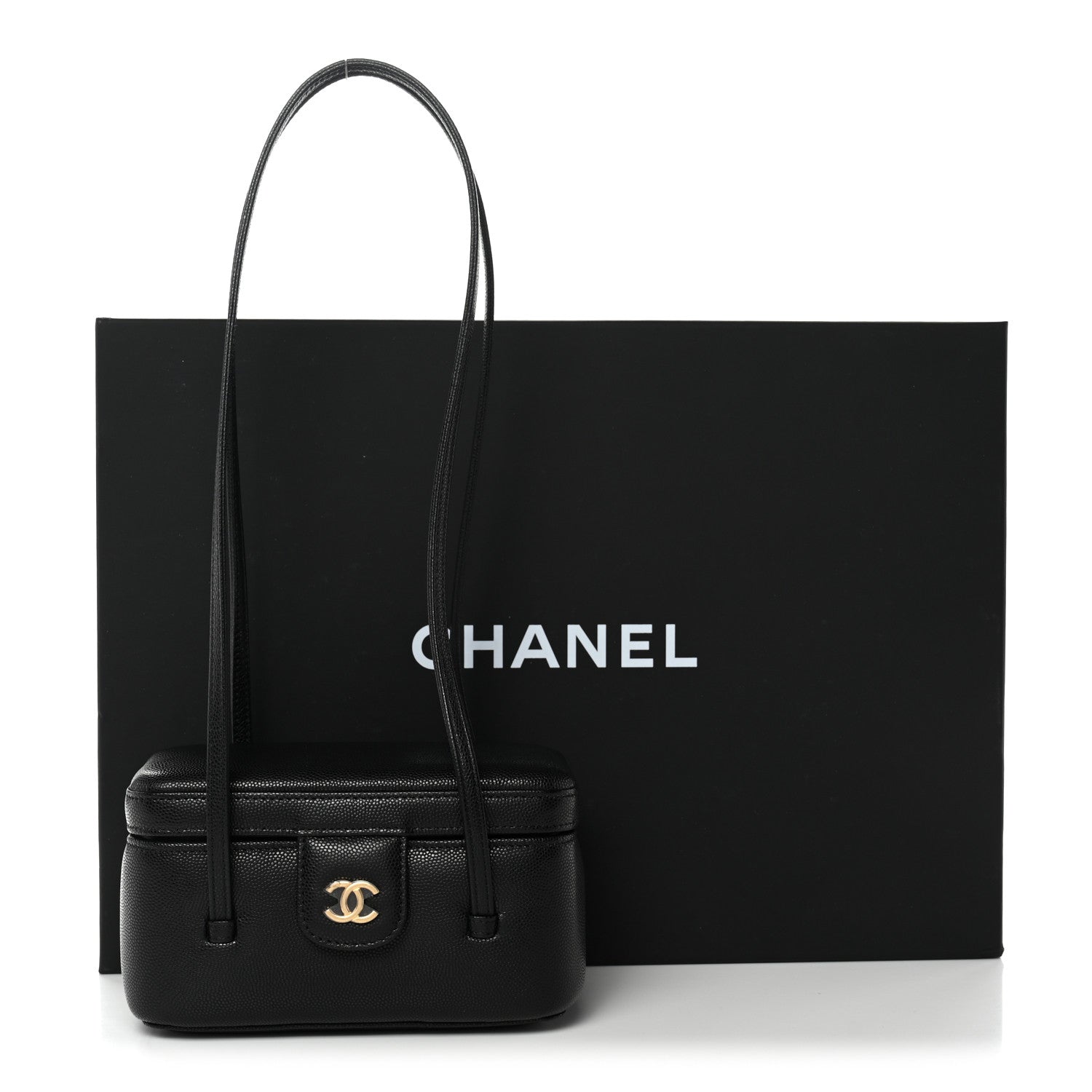 Shiny Caviar Preppy Coco Long Vanity With Strap Black