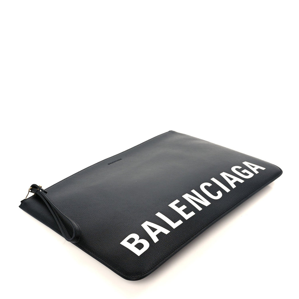 Calfskin Logo Large Cash Pouch With Handle Black White