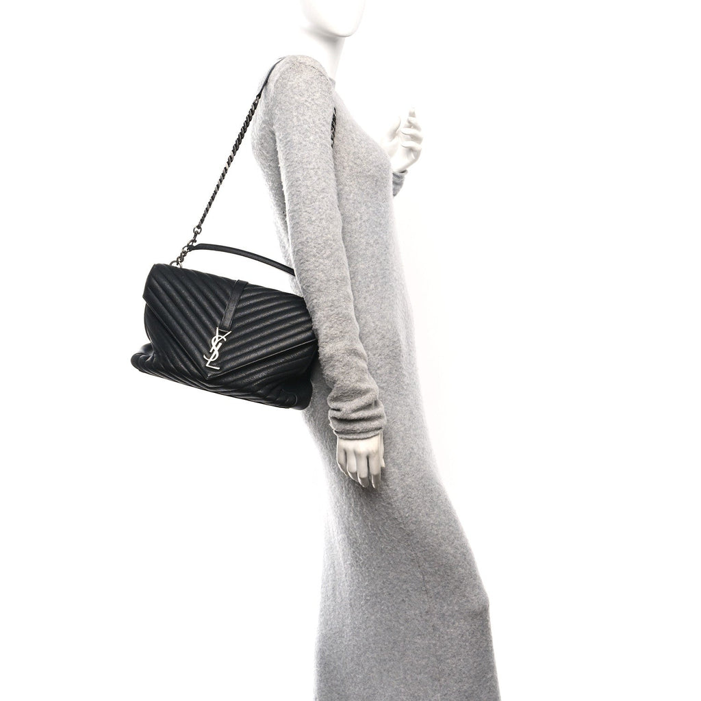 Sheepskin Matelasse Chevron Monogram Large College Bag Black