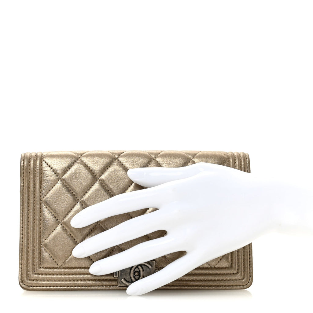Metallic Lambskin Quilted Boy Yen Wallet Gold