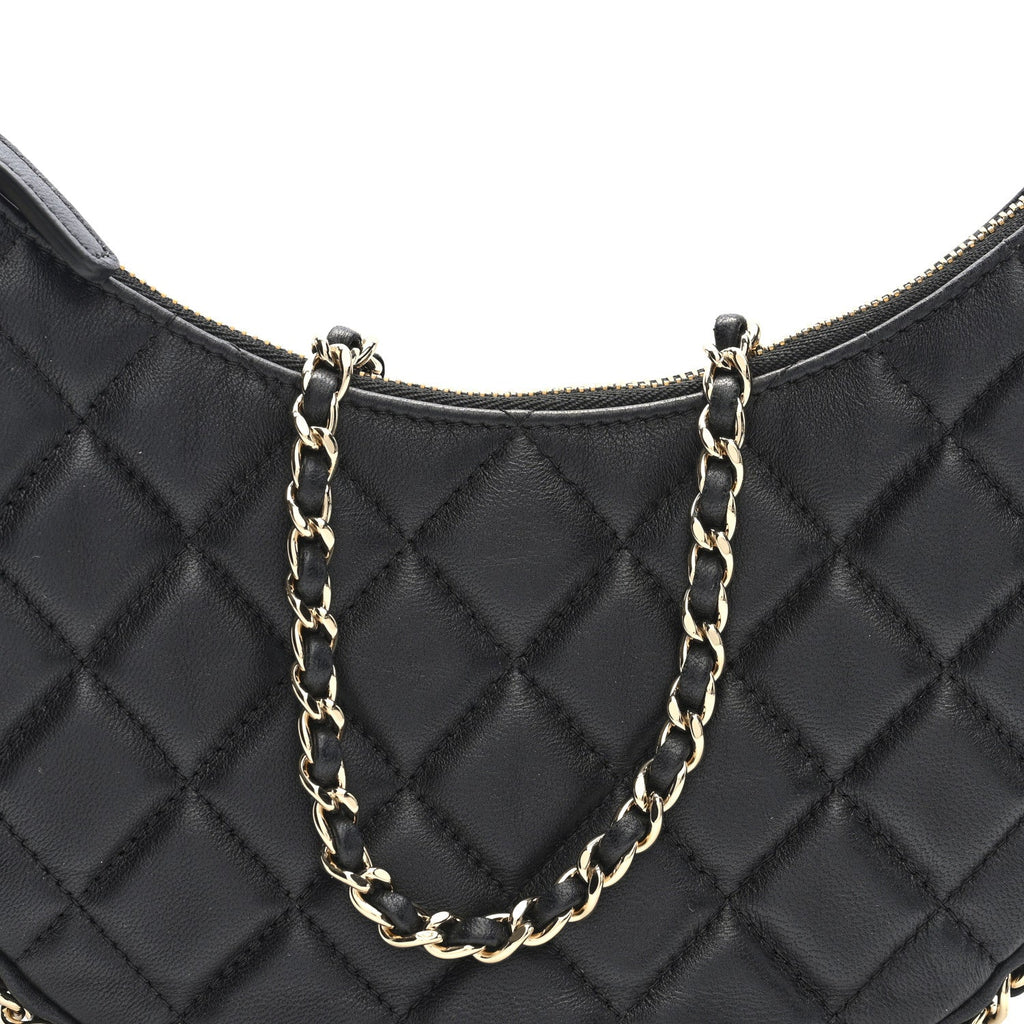 Lambskin Quilted Small Hobo Bag Black