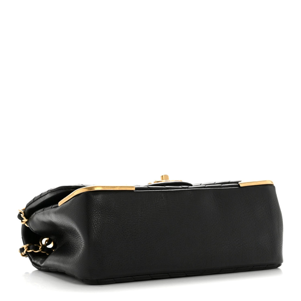 Calfskin Chevron Quilted Mini Rock The Corner Flap Black