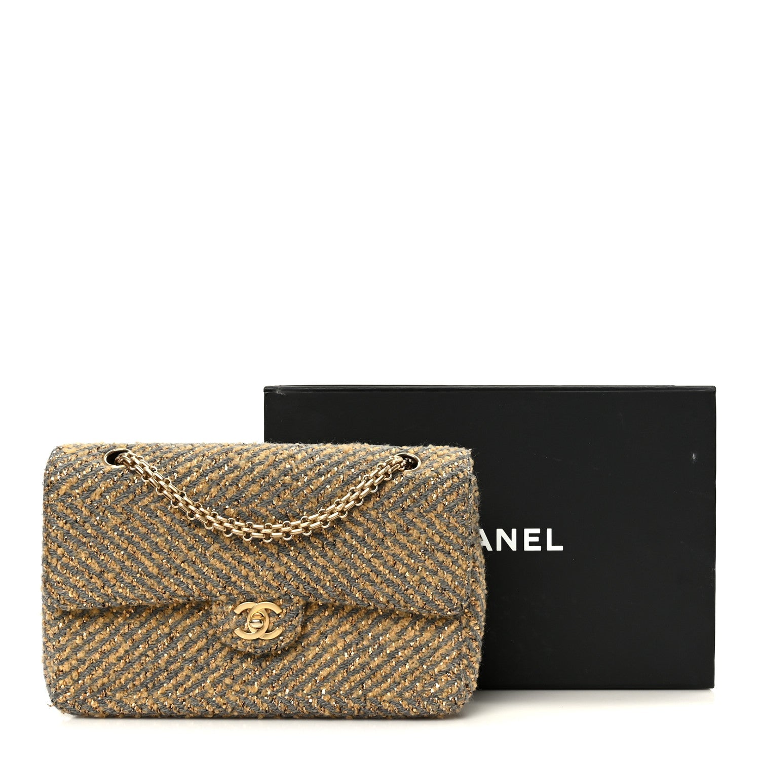 Metallic Tweed Quilted Medium Single Flap Beige Grey Gold