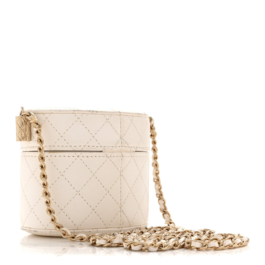 Lambskin Quilted Round Mini Vanity Case With Chain Case With Chain White