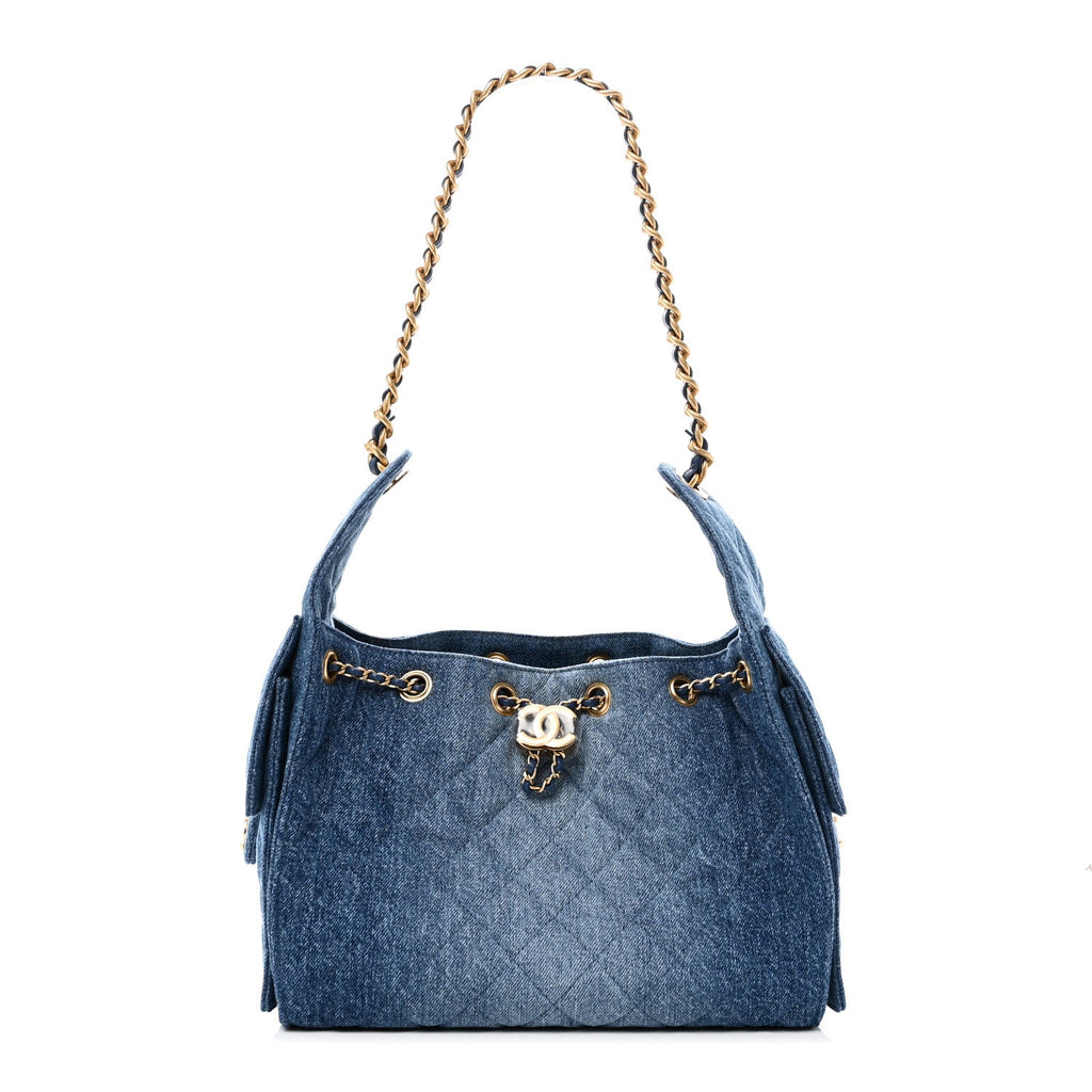 Washed Denim Quilted Small Chanel 25 Handbag Blue