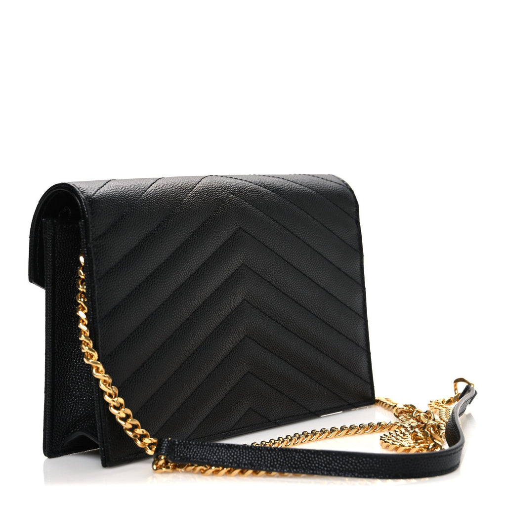 Grain De Poudre Matelasse Chevron Monogram Envelope Chain Wallet Black