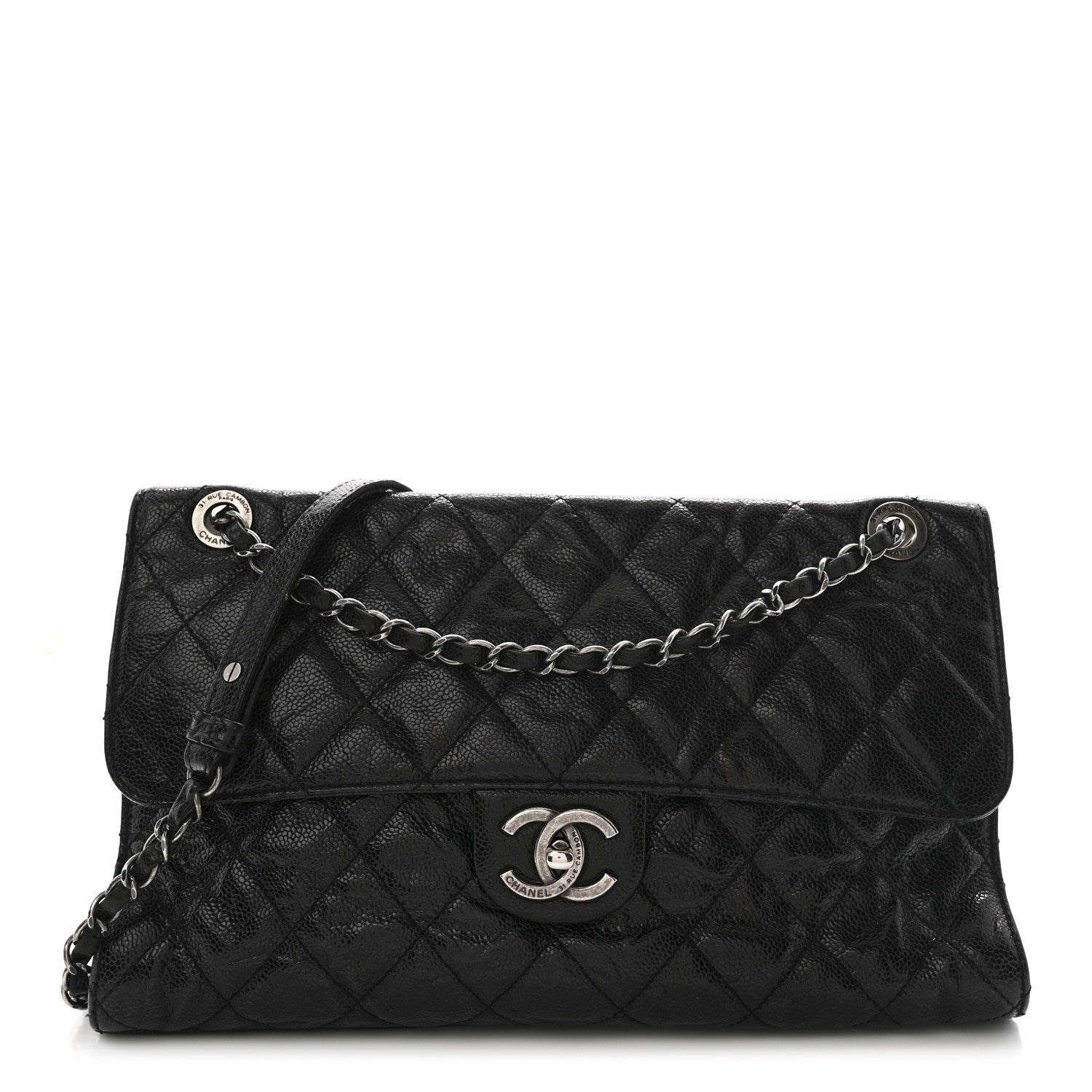 Crumpled Grained Calfskin Jumbo CC Crave Flap Black