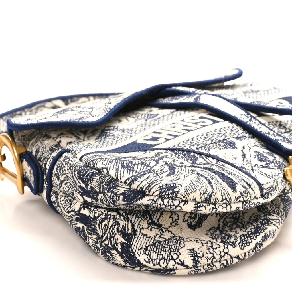 Canvas Embroidered Toile de Jouy Saddle Bag Blue