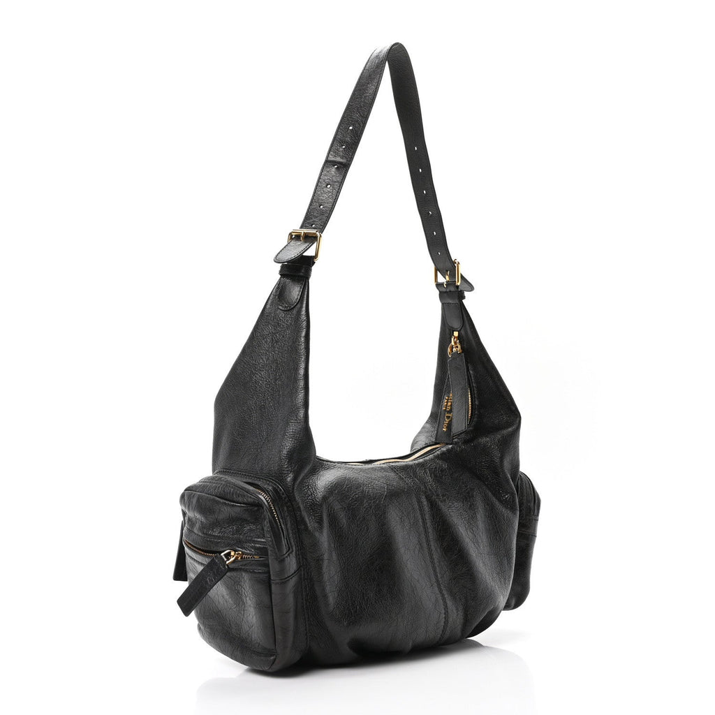 Crinkled Calfskin Large Grand Tour Multipocket Bag Black