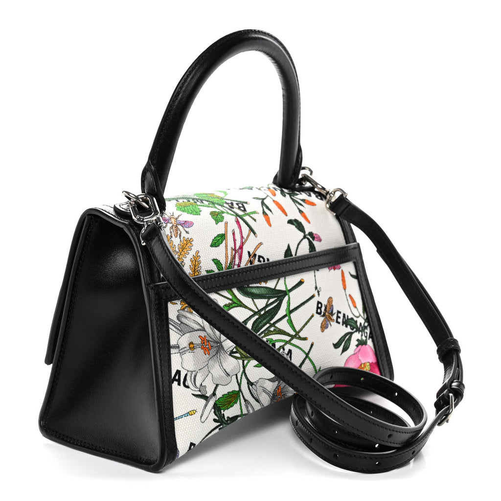 X GUCCI Canvas Boarded Plutone Calfskin Flora Logo Print Small Hourglass Top Handle Bag White Multicolor Black