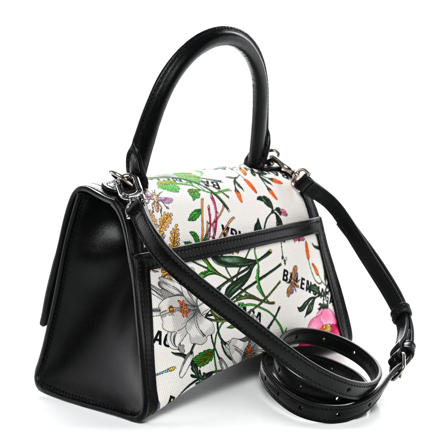 X GUCCI Canvas Boarded Plutone Calfskin Flora Logo Print Small Hourglass Top Handle Bag White Multicolor Black