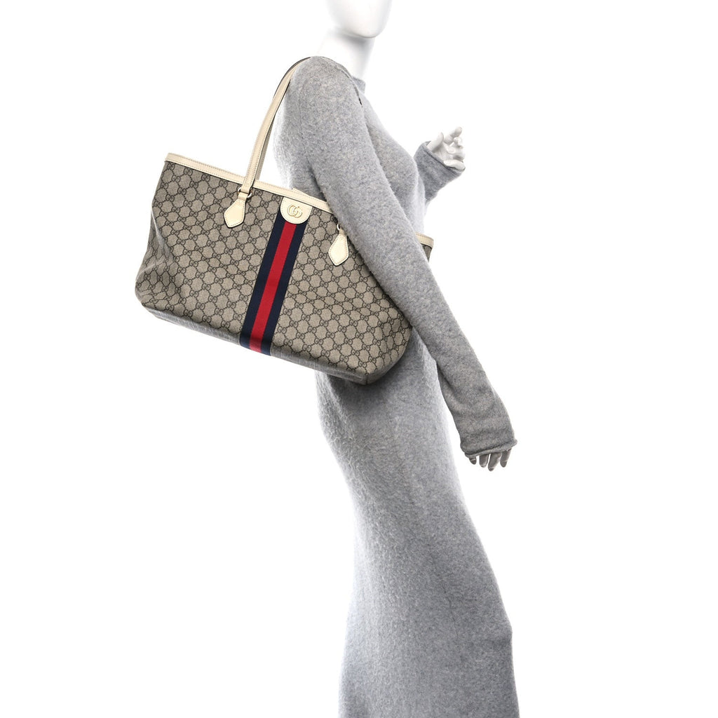 GG Supreme Monogram Textured Dollar Calfskin Web Medium Ophidia Shopping Tote Beige Ebony Mystic White
