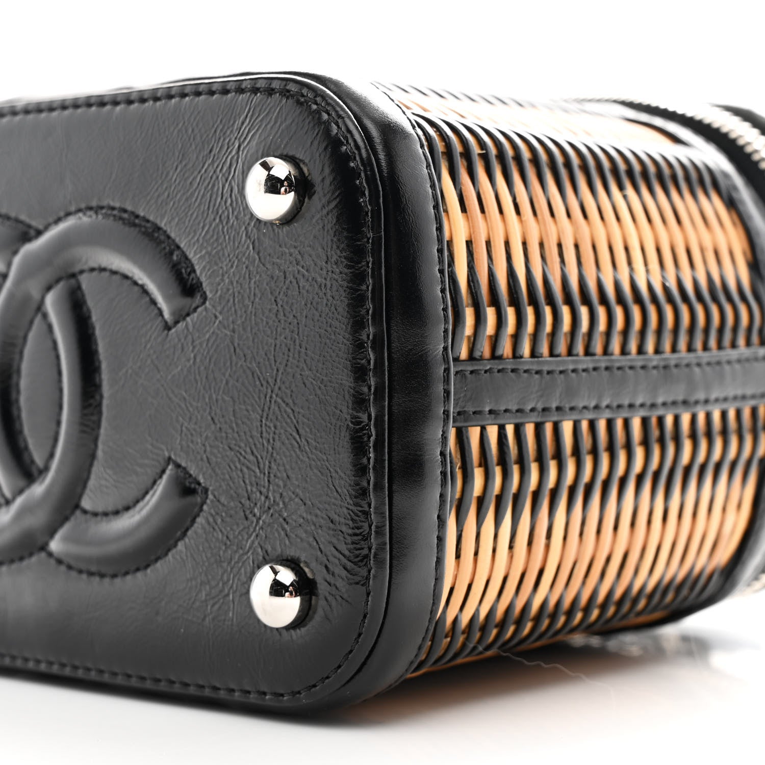 Calfskin Raffia Small Vanity Case Bag Black Beige