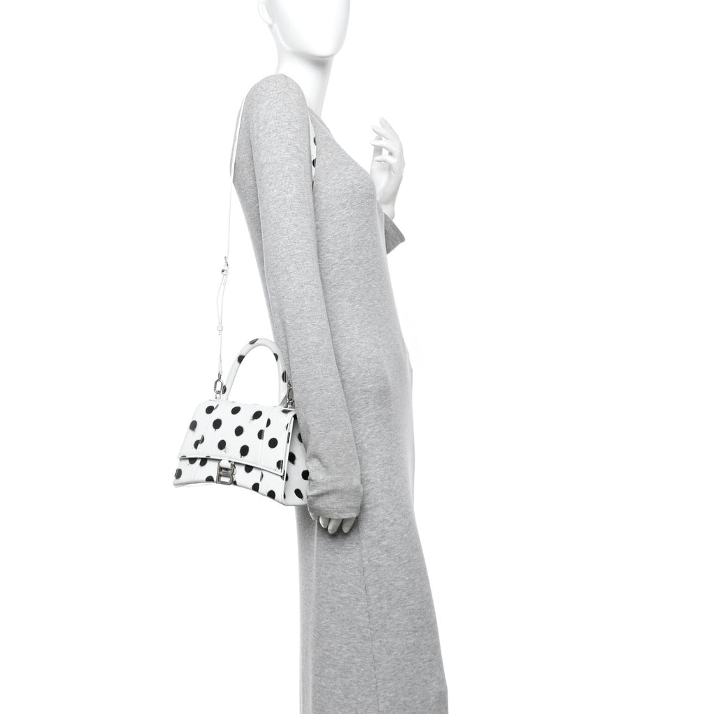 Smooth Calfskin Spray Polka Dot Small Hourglass Top Handle Bag White Black