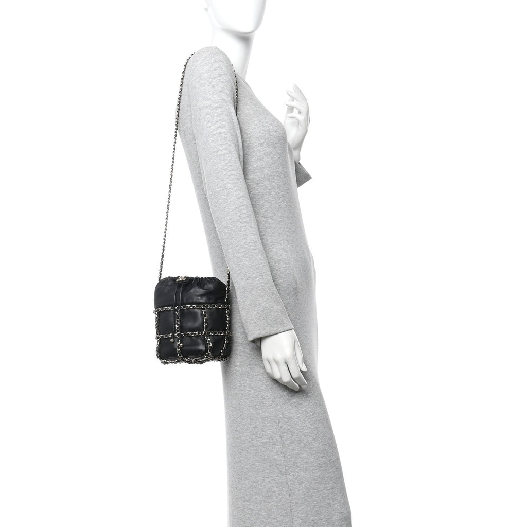 Lambskin Bucket Chain Drawstring Bag Black