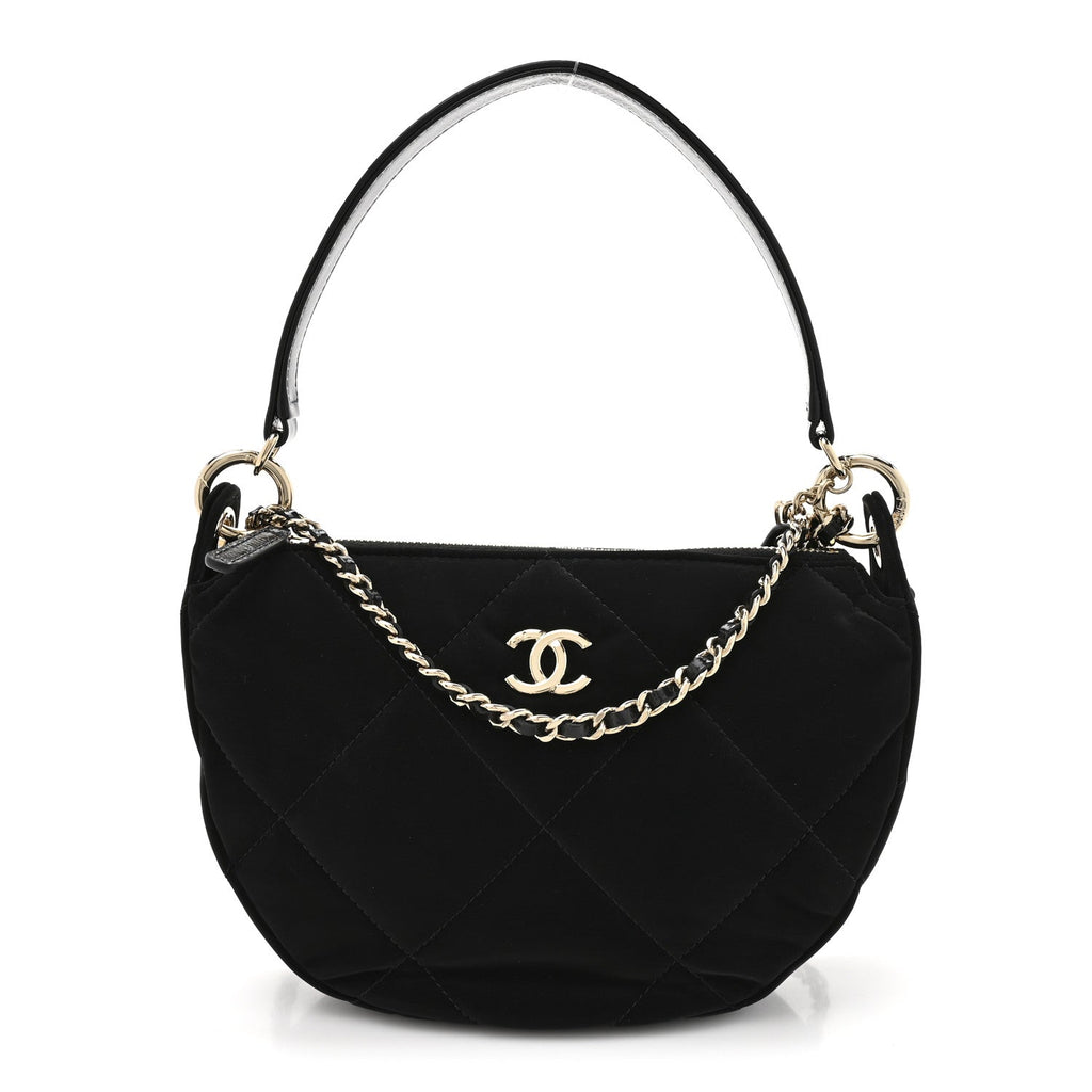 Velvet Effect Nylon Shiny Crumpled Calfskin Coco Neige Quilted Clutch With Chain Black