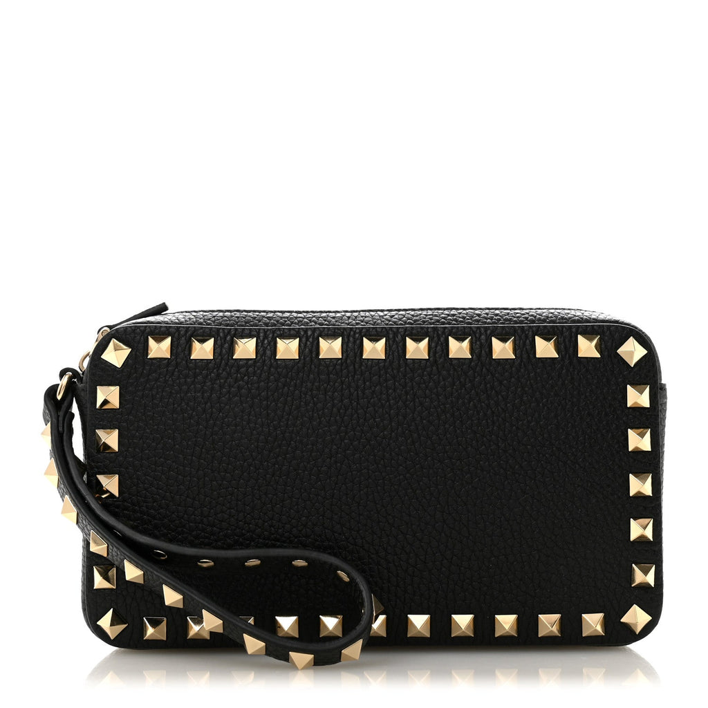 Pebbled Calfskin Rockstud Wristlet Zip Pouch Black